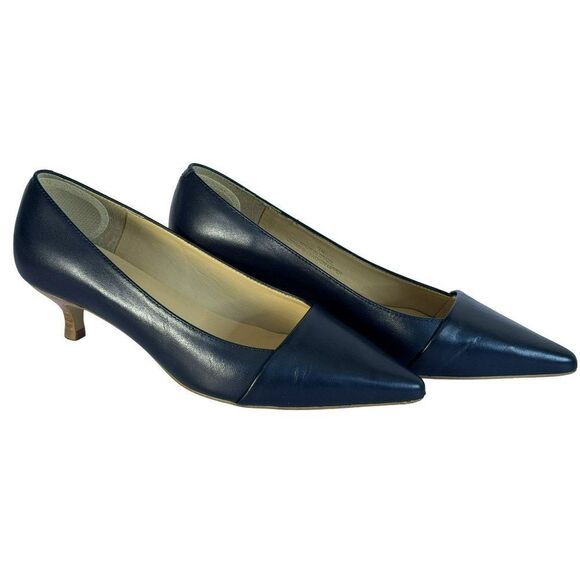 Talbots Indigo Leather Pointed Toe Woodtone Kitten Heel Pippa Vamp Wrap Shoes 6W - Picture 2 of 10